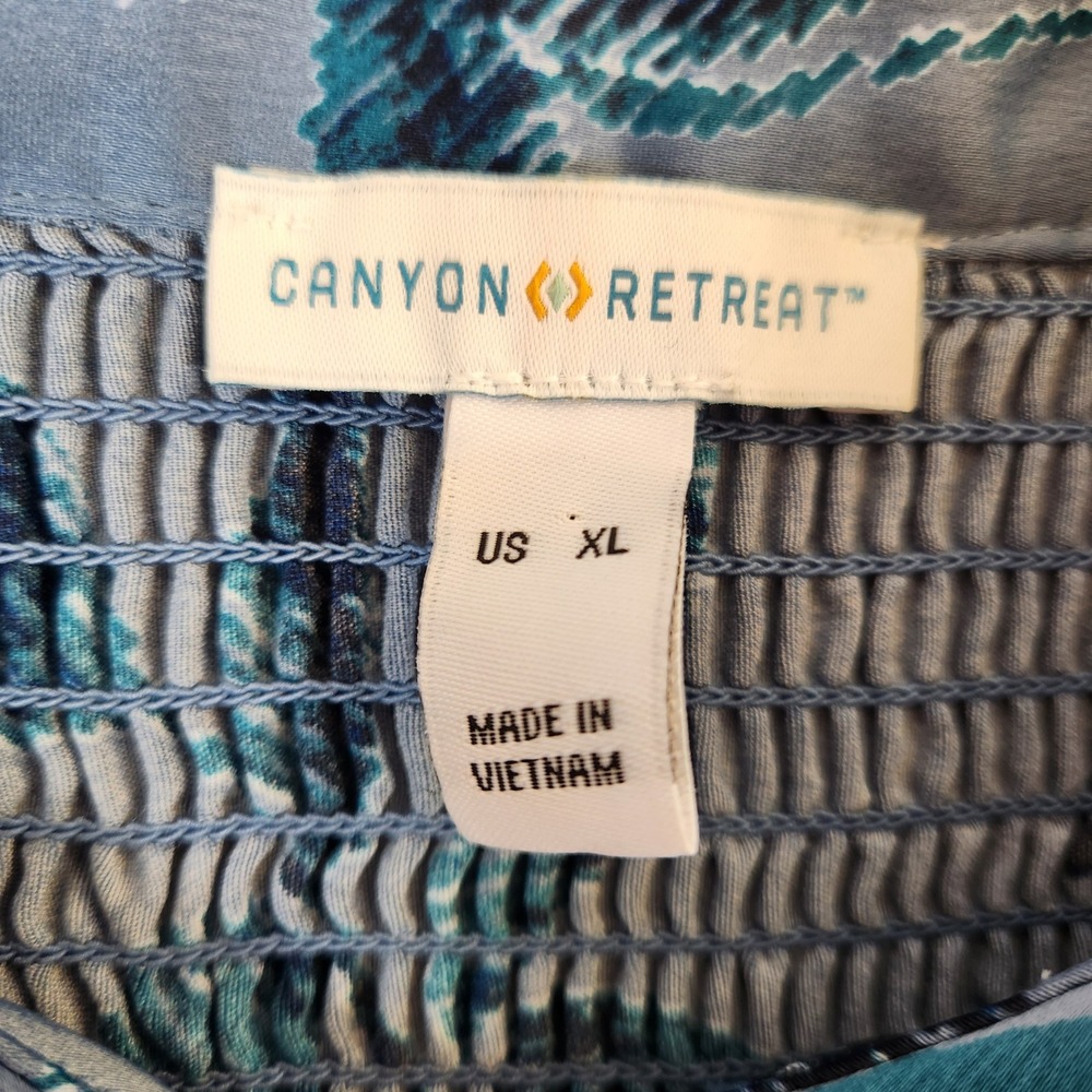 Canyon Retreat‎ Womens XL Blue Floral Print Collared Smocked Top Office Blouse - Picture 12 of 12